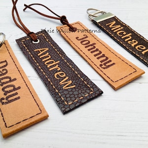 In the hoop blank tag pattern. Machine embroidery design of a rectangle tag with eyelets. 4 blank designs fit in a 5x7 hoop.