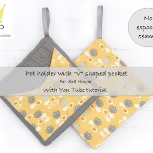Pannenlap met &#39;V&#39;-vak met YOU TUBE-tutorial. Machineborduurpatroon of 8 x 8 borduurringen.