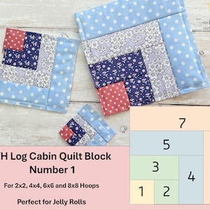 May include: Three handmade log cabin quilt blocks in various sizes. The blocks feature a patchwork design with red polka dots, blue floral, and light blue polka dot fabrics. The text "ITH Log Cabin Quilt Block Number 1" is visible.