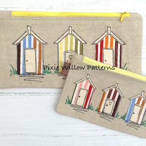 ITH Zipper Bag, fully lined. Beach Huts zipper "Bag 180" 5x7 & 6x10 Hoops. Machine embroidery designed to look like free motion Embroidery.