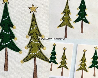 Diseño de apliques de árbol de Navidad. Patrón de bordado a máquina para aros de 5x7. Apliques de árboles del bosque