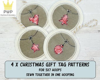 VIER kerstcadeaukaartjes. Machineborduurontwerpen voor borduurringen van 5 x 7