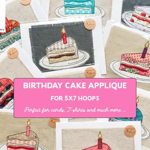 Puede incluir: Aplicaciones bordadas de pastel de cumpleaños, cada una representando una porción de pastel con una vela encendida sobre un plato blanco. El texto "BIRTHDAY CAKE APPLIQUE FOR 5X7 HOOPS" se muestra en una pancarta rosa.