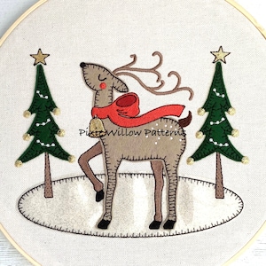 ITH Reindeer applique design. In the hoop machine embroidery pattern for 6x10 and 8x12 hoops. Vintage reindeer in woodland scene.