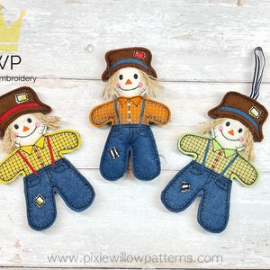 ITH Little Stuffed Scarecrow pattern. In the hoop machine embroidery design of a friendly Halloween scarecrow for 5x7 and 8x11 hoops