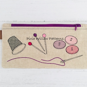 ITH Zipper Bag with sewing pins design. Fully lined for 6x10 Hoops. In the Hoop Machine embroidery pattern