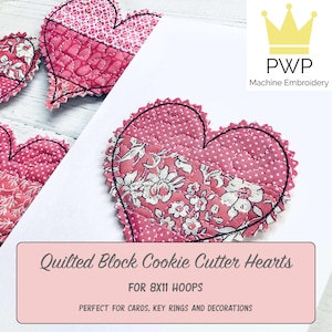 May include: Close-up of quilted heart-shaped fabric pieces in shades of pink and white, with a black outline. The fabric features floral and polka dot patterns. Text on the image reads "Quilted Block Cookie Cutter Hearts" and "FOR 8X11 HOOPS".