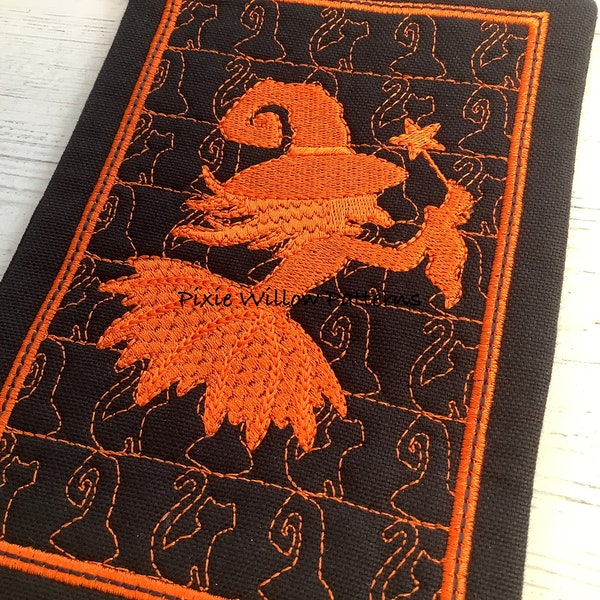 ITH Witch Silhouette Mug Rug Design. In the Hoop Machine Embroidery Halloween Project for 5x7 hoops.