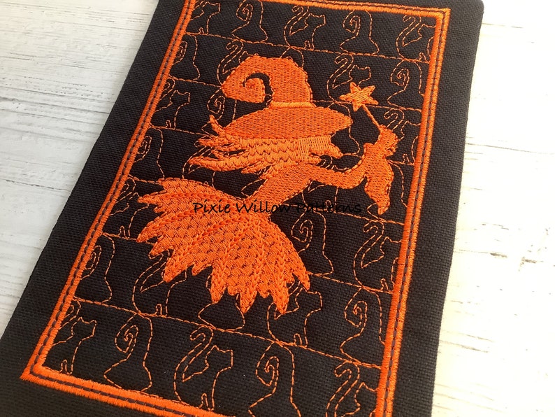 ITH Witch Silhouette Mug Rug Design. In the Hoop Machine Embroidery Halloween Project for 5x7 hoops. image 1