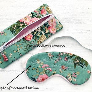 May include: A green floral eye mask with a white elastic strap. The eye mask has the text "Please do not disturb thank you" embroidered on it. An example of personalisation.