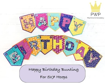 Motif de banderoles de bouclier joyeux anniversaire pour cerceaux de 5 x 7. Motif de broderie machine.