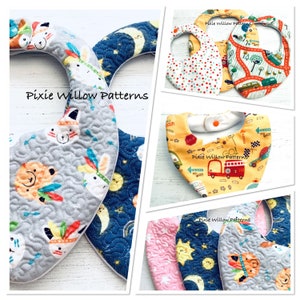 May include: A set of four baby bibs with different patterns. The bibs are made of soft, quilted fabric and have a variety of designs, including animals, stars, and cars. The bibs are all trimmed with white fabric and have a snap closure. The bibs are labelled "Pixie Willow Patterns".