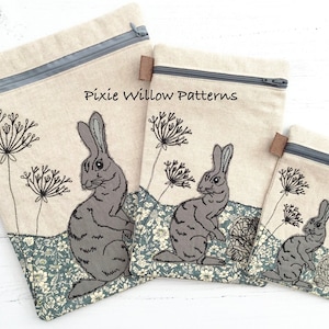 ITH Lined Zipper Bag with Hare Scene. Machine embroidery pattern for 5x7, 6x10 and 9x12 hoops. Part of the Suzy Spellbound artwork series