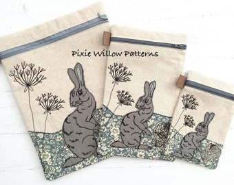 ITH Lined Zipper Bag with Hare Scene. Machine embroidery pattern for 5x7, 6x10 and 9x12 hoops. Part of the Suzy Spellbound artwork series