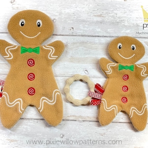In The Hoop Gingerbread Man Lovey pattern. Baby comforter, lovie machine embroidery design for 6x10 and 8x11 hoops.
