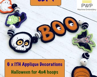 以下が含まれることがあります： オレンジと黒で「BOO」の文字が入ったハロウィーンをテーマにしたガーランド。お化け、カエル、ドクロ、コウモリのアップリケ装飾付き。ガーランドには白と黒のストライプのビーズが含まれています。画像には「6 x ITH Applique Decorations Halloween for 4x4 hoops」と書かれたテキストも含まれています。
