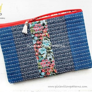 ITH Quilted Zipper Pouch Machine Embroidery Pattern with Sashiko stitching. For 8x11 Hoops