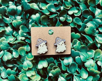 Ghost Witch Earring Studs | Wooden Spooky Season Earrings | Halloween Earrings | Hypoallergenic Stainless Steel Posts