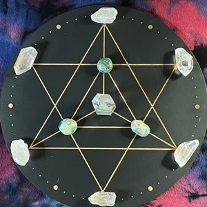 May include: A black circular crystal grid with gold lines forming a star and triangle pattern.  There are eight clear quartz crystals and three green crystals placed on the grid.