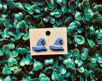 Witch Hat Earring Studs | Wooden Spooky Season Earrings | Halloween Earrings | Hypoallergenic Stainless Steel Posts
