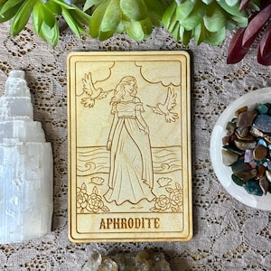 Aphrodite Deity Card | Altar Decor | Deity Wall Art | Tarot Themed Shelf Leaner Natural Woodgrain