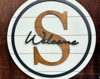Welcome Wooden Monogram Family Sign | Custom Initial Hanger | Personalized Name Sign | Front Door Porch Decor | Monogram Door Wreath