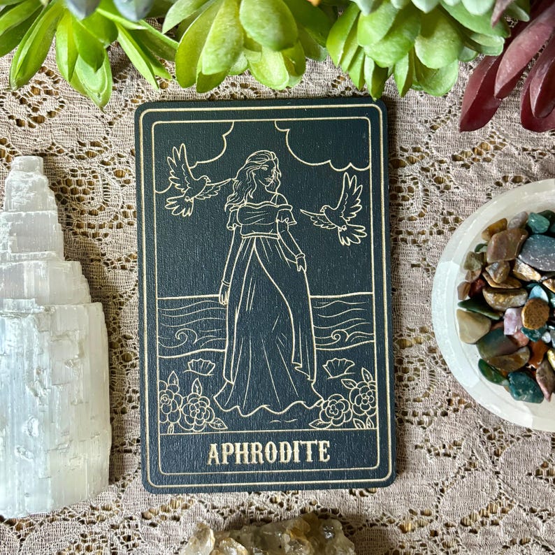 Aphrodite Deity Card | Altar Decor | Deity Wall Art | Tarot Themed Shelf Leaner Painted Black
