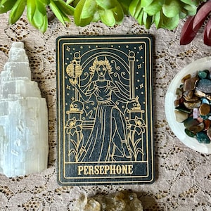 Persephone Deity Card | Altar Decor | Deity Wall Art | Tarot Themed Shelf Leaner Painted Black