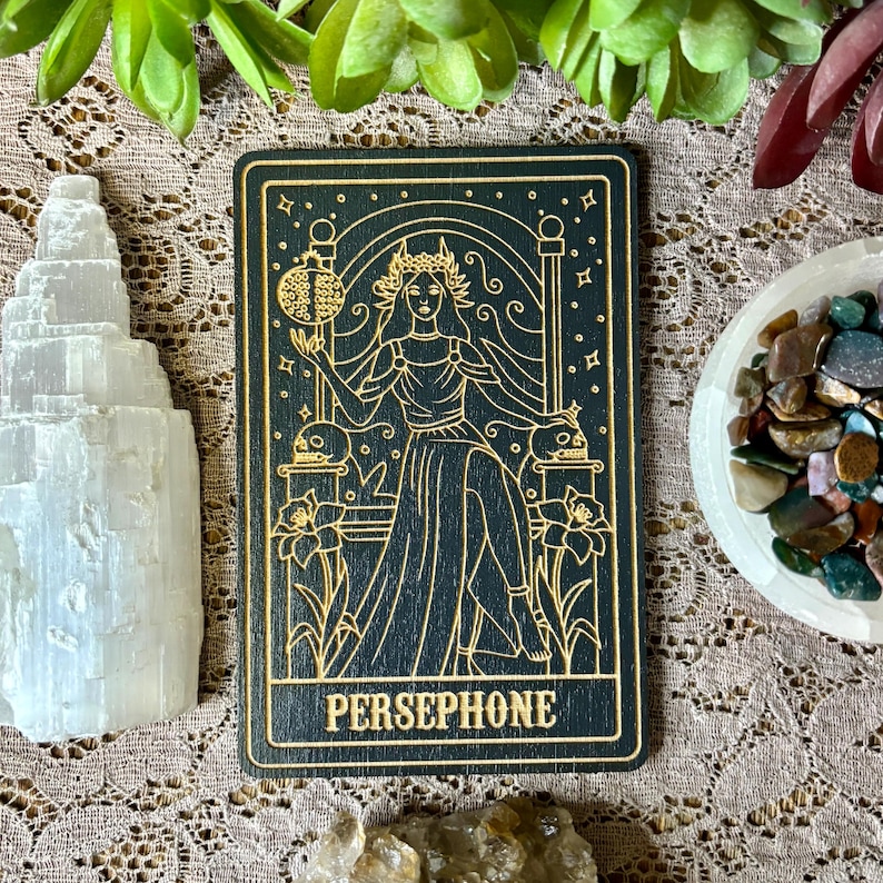 Persephone Deity Card | Altar Decor | Deity Wall Art | Tarot Themed Shelf Leaner Painted Black