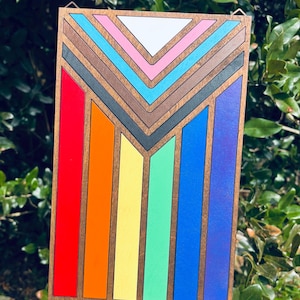 Hand Painted Wooden Pride Flag Wall Hanging | All Inclusive Pride Flag | Progress Pride Flag | Rainbow | LGBTQIA+ | Love is Love |