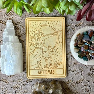 Artemis Deity Card | Altar Decor | Deity Wall Art | Tarot Themed Shelf Leaner Natural Woodgrain
