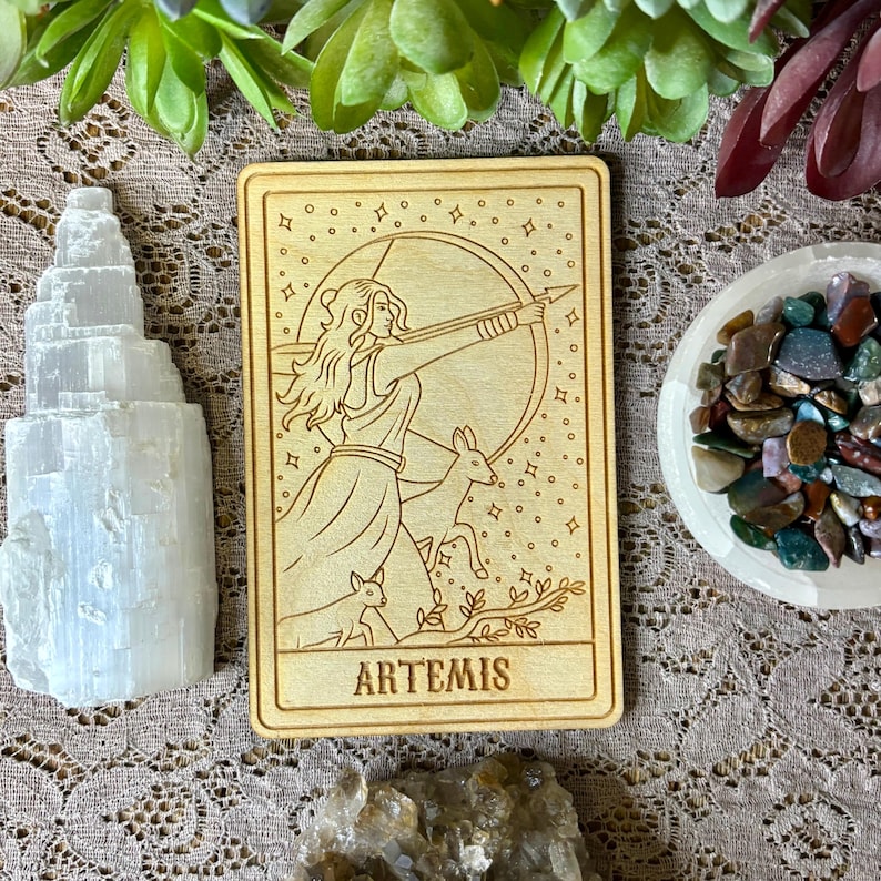 Artemis Deity Card | Altar Decor | Deity Wall Art | Tarot Themed Shelf Leaner Natural Woodgrain