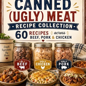 Könnte beinhalten: Ein Kochbuch mit dem Titel Suttons Daze Canned (Ugly) Meat Recipe Collection mit 60 Rezepten für Rind, Schwein und Huhn. Das Cover zeigt drei Gläser mit Fleisch, Schüsseln mit zubereiteten Gerichten und verschiedenen Texten.