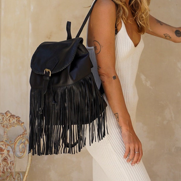 Black Leather Fringe Backpack, leather purse