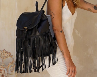 Black Leather Fringe Backpack, leather purse