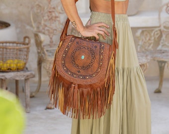 Bolso bandolera Boho de cuero con herramientas, bolso occidental, bolso de festival