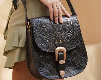 Brown Hand Tooled Leather Crossbody Bag For Women, Boho Style Purse