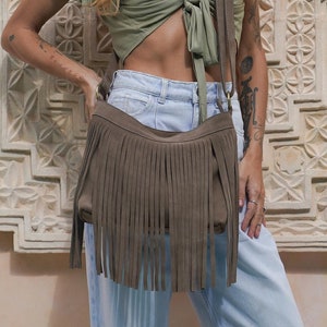 Bolso bandolera bohemio de gamuza con flecos, cartera de piel con flecos