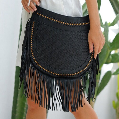 Boho Black Leather Fringe Crossbody Purse Etsy