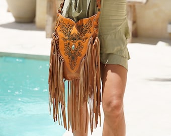 Bohemian Purse Leather Fringe Carved Crossbody, Tooled Purse