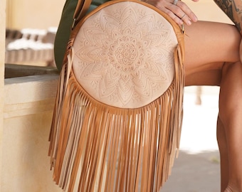 Boho Bag Round Leather Fringe Purse, Cross body Bag with Fringes Tan