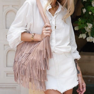Bolso con flecos, bolso de mano de piel rosa, bolso de hombro de piel, monedero de piel con flecos