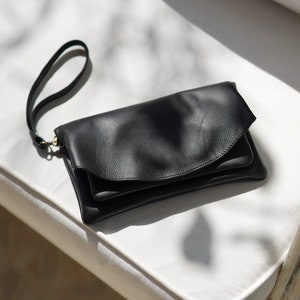Cartera de piel negra, cartera de piel, cartera de noche para mujer