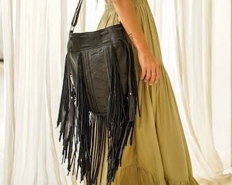 Bohemian Black Leather Bag, Boho Fringed Crossbody Bag, Genuine Leather ...