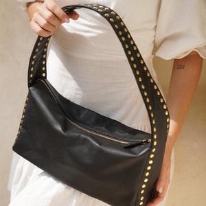 Women Studded Black Leather Shoulder Bags, Gold Color Studded Bag
