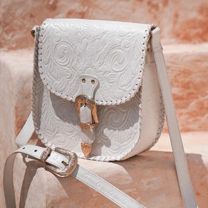 Hand-Tooled White Crossbody Leather Bag, Bohemian Hippy