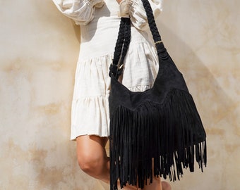 Black Suede Fringe Purse, Festival Fringe Bag