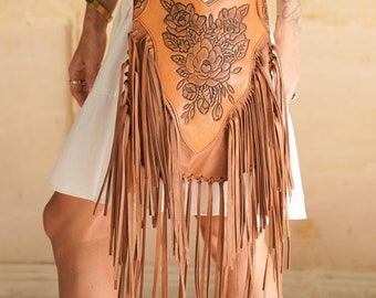 Boho Fringe Purse, Leather Carved Crossbody, Tooled Purse, Festival Bag