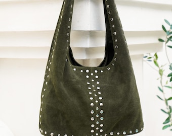 Green Suede Leather Shoulder Bag: Silver Studded Hobo Purse
