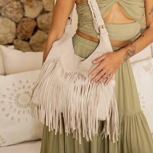 Bolso de ante color arena con flecos, bolso de festival con flecos